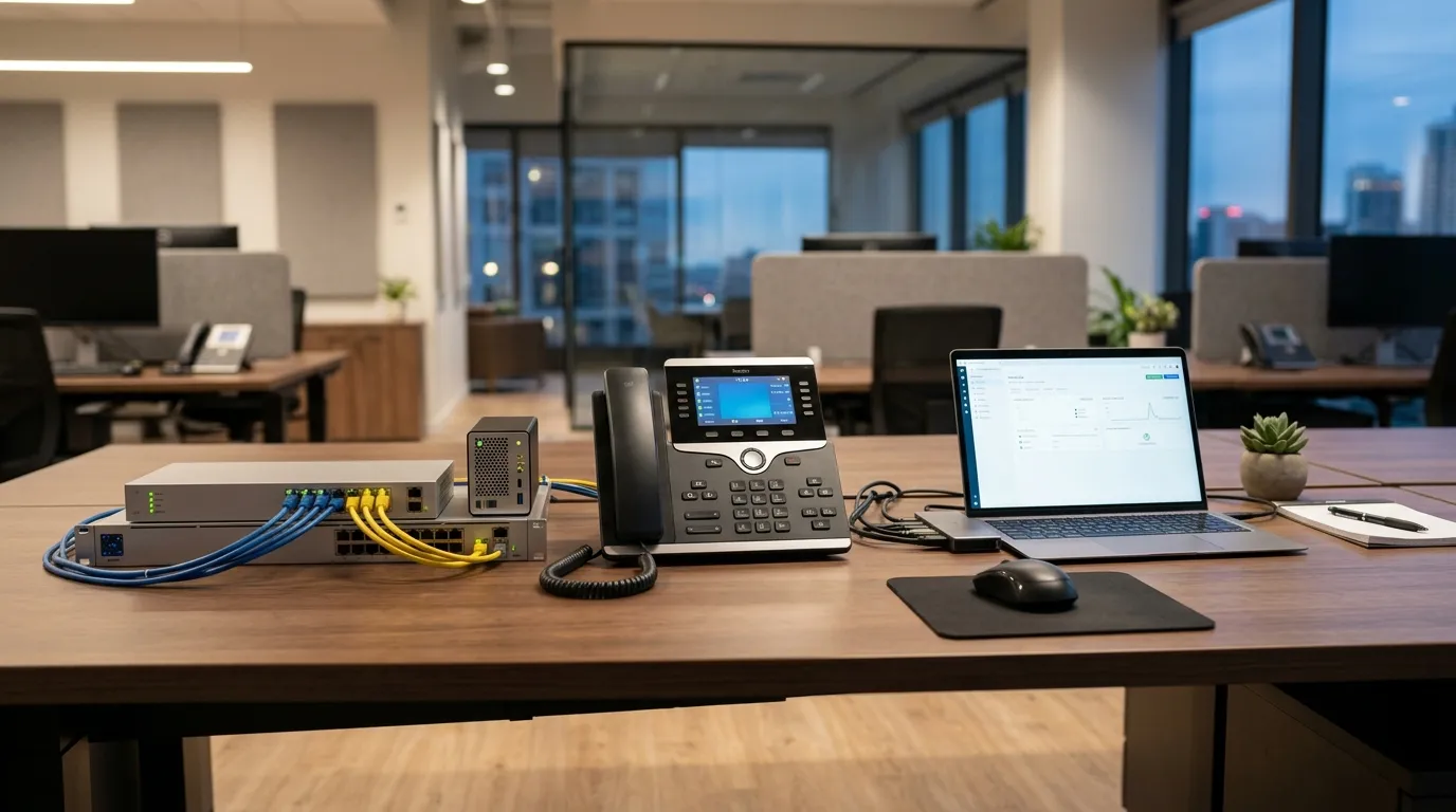 Modern office environment with telephone equipment, network servers, and digital communication technology displayed cleanly on desks
