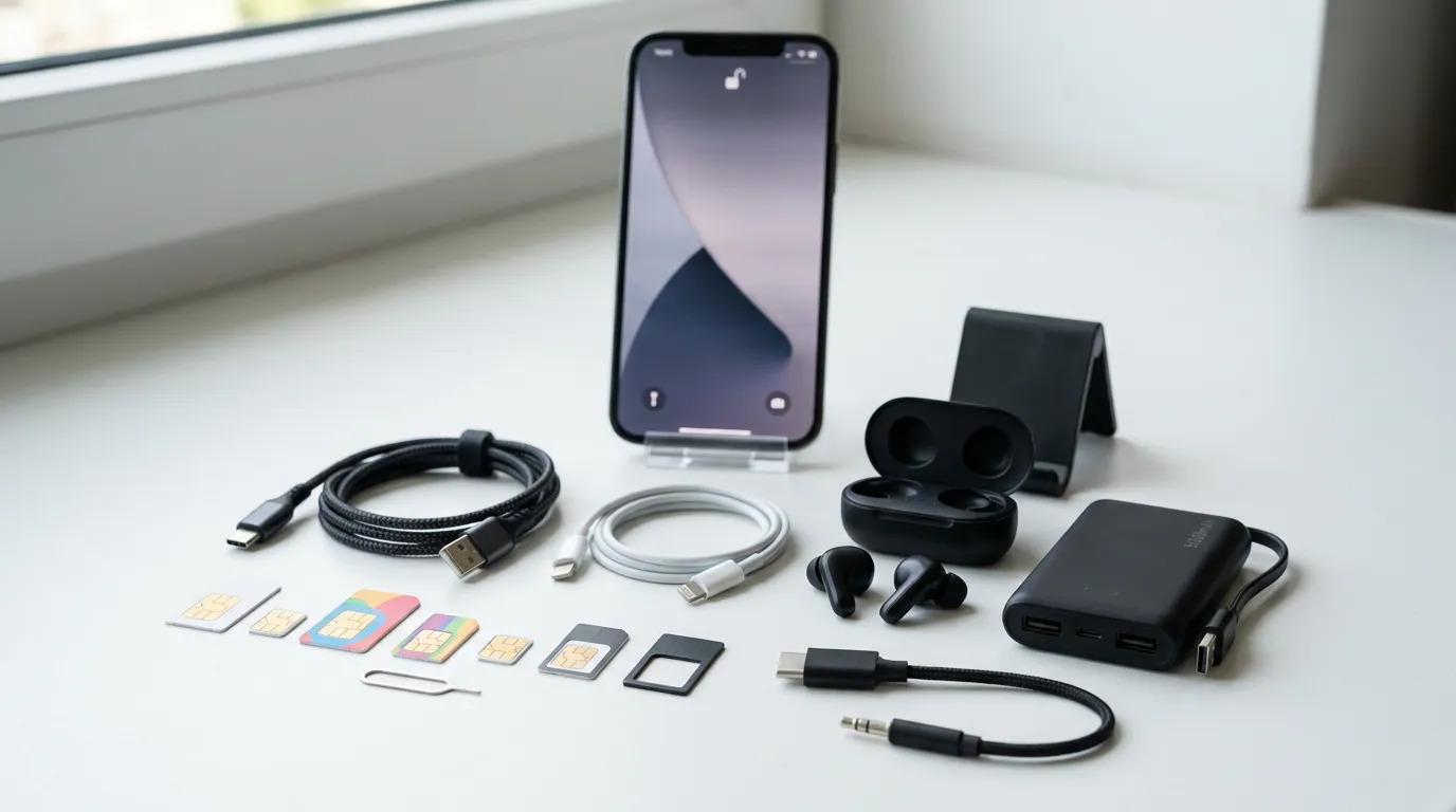 Collection of SIM cards and mobile phone accessories arranged on a white surface with modern smartphone in the background