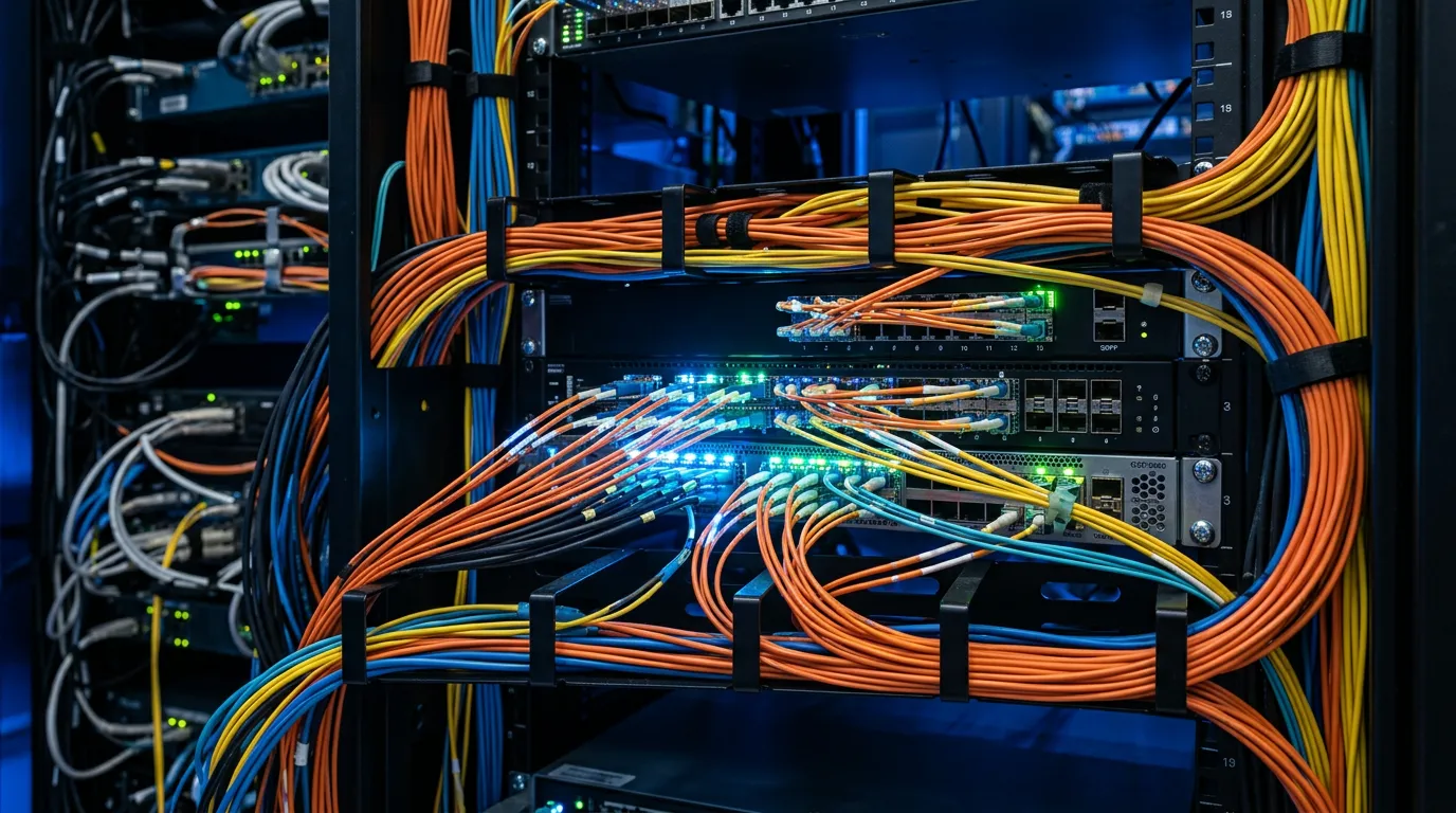 Close-up of modern telecommunications network infrastructure with fiber optic cables and connection hubs glowing with digital signals